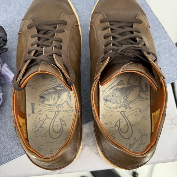 OluKai Kahu Pahaha Leather Brown Lace Up Casual‎ Sneakers Men US 11 Boat Shoes - Picture 7 of 7